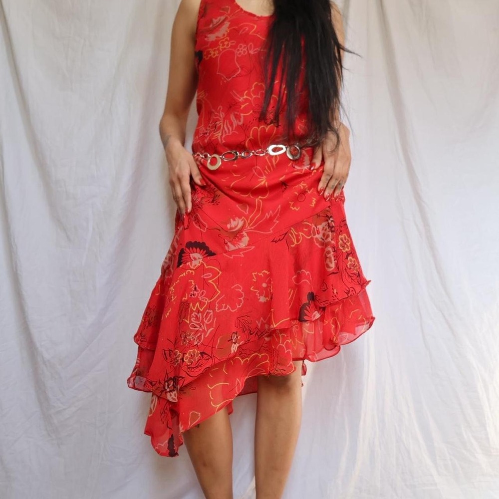Red Floral Midi Dress with Ruffles and Asymmetrical Hem